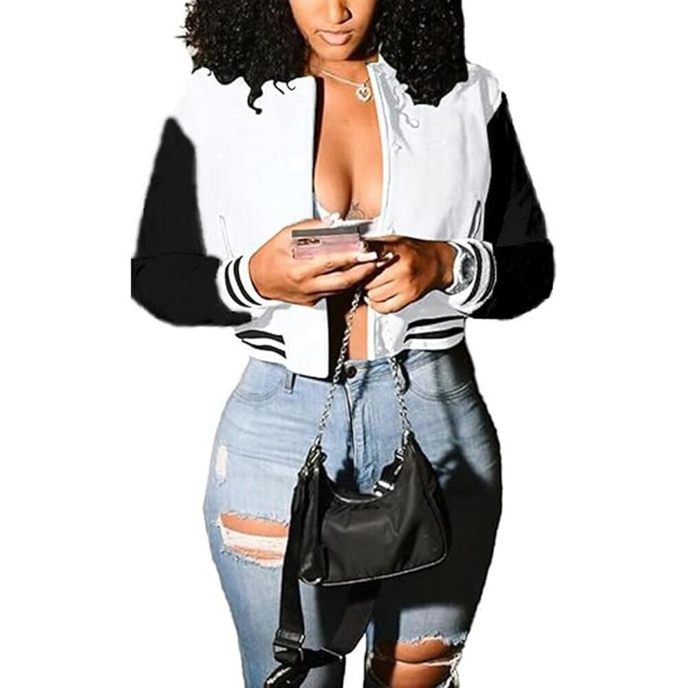 Women Black White Varsity Long Sleeve Button Down Bomber Casual Baseball Jacket